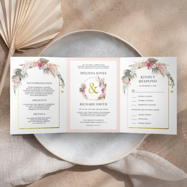 Rustic Blush Pink Floral Boho Pampas Arch Wedding Tri-Fold Invitation (Creator Uploaded)