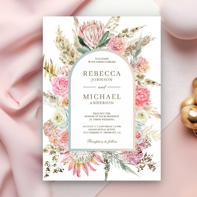 Rustic Blush Pink Floral Boho Pampas Grass Wedding Invitation (Creator Uploaded)
