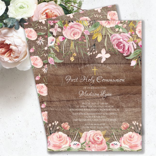 Rustic Blush Pink Floral First Holy Communion Invitation (Creator Uploaded)