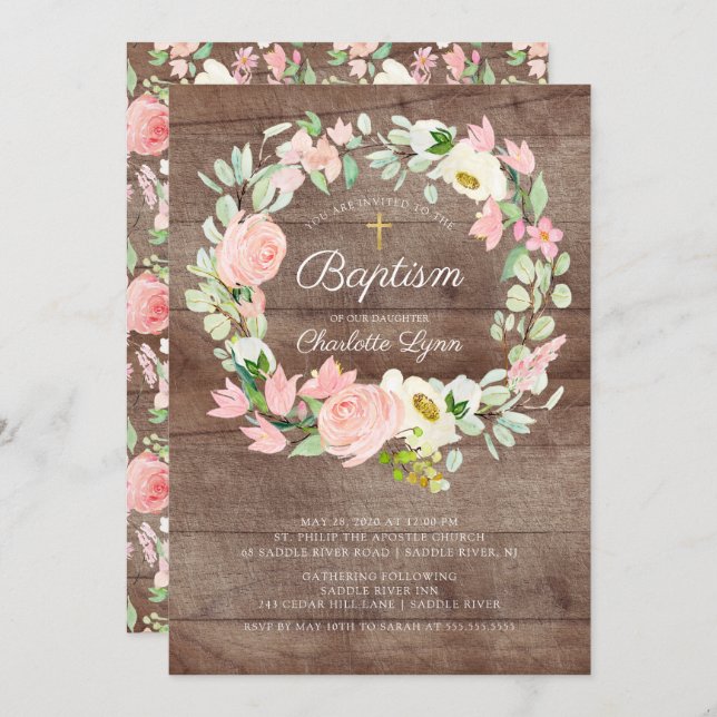 Rustic Blush Pink Floral Girls Baptism Invitation (Front/Back)