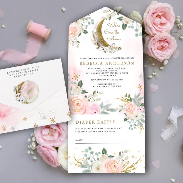 Rustic Blush Pink Floral Gold Moon Baby Shower All In One Invitation (Creator Uploaded)