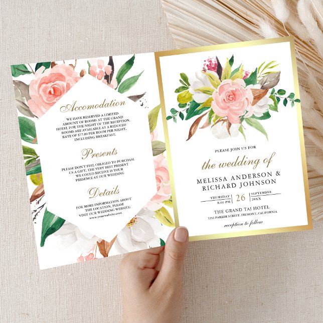 Rustic Blush Pink Floral Gold QR Code Wedding Invitation (Creator Uploaded)