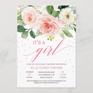 Rustic blush pink floral it's a girl baby shower invitation