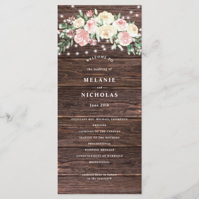 Rustic Blush Pink Floral Lights Wedding Program (Front)
