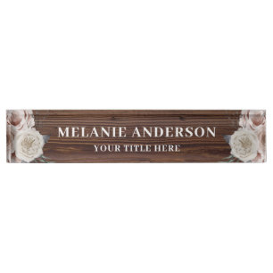 Rustic Blush Pink Floral on Dark Wood Teachers Nameplate