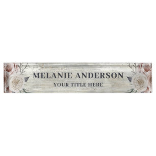 Rustic Blush Pink Floral on Driftwood Teacher's Nameplate