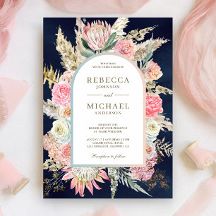 Rustic Blush Pink Floral Pampas Navy Blue Wedding Invitation