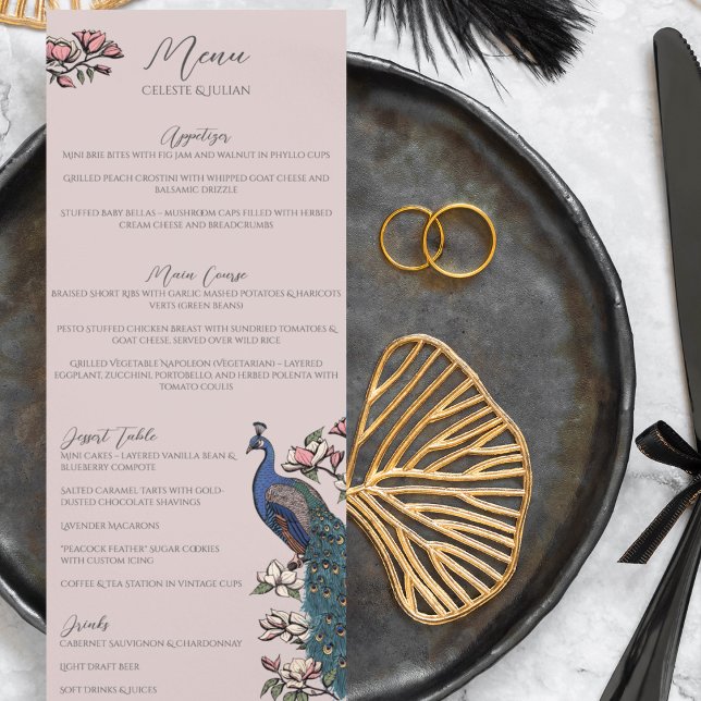 Rustic Blush Pink Floral Peacock Bird Wedding Menu (Rustic Blush Pink Peacock Chinoiserie Wedding Menu for Wedding, Bridal Shower, Rehearsal Dinner.)