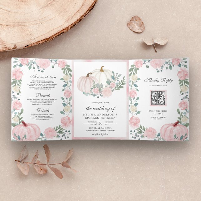 Rustic Blush Pink Floral Pumpkin QR Code Wedding Tri-Fold Invitation (Creator Uploaded)