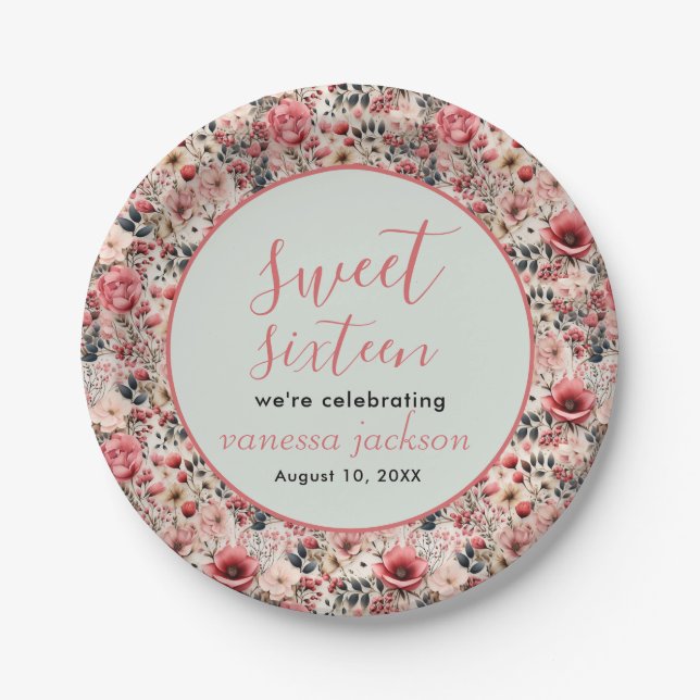 Rustic blush pink floral rose gold sweet sixteen paper plate (Front)