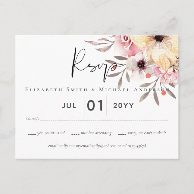 Rustic Blush Pink Floral Sage Wedding RSVP Postcard (Front)