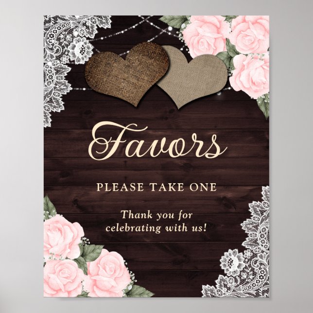 Rustic Blush Pink Floral Wedding Favour Sign (Front)