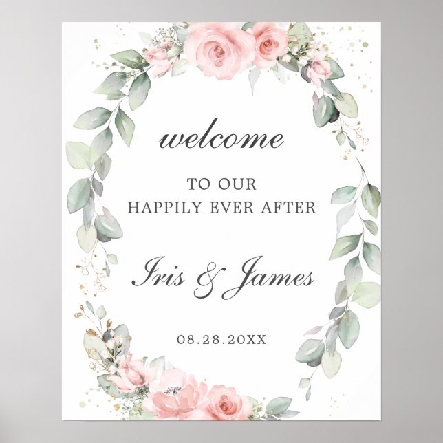 Rustic Blush Pink Floral Wedding Welcome Sign (Front)