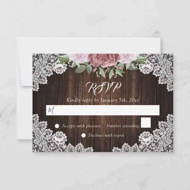 Rustic Blush Pink Floral Wood Lace Wedding RSVP (Front)