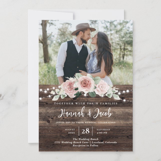 Rustic Blush Pink Floral Wood String Light Wedding Invitation (Front)