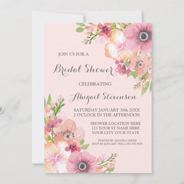 Rustic Blush Pink Flowers Bridal Shower Invite (Back)
