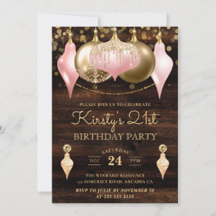 Rustic Blush Pink & Gold Baubles 21st Birthday Invitation
