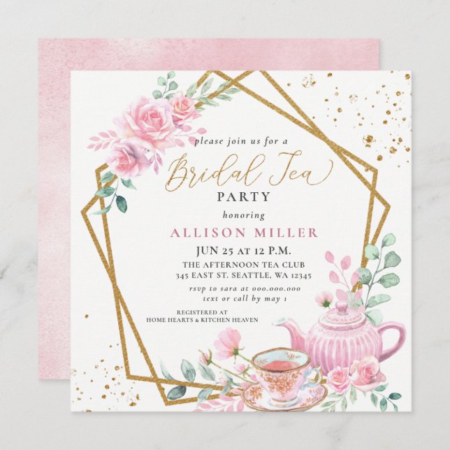 Rustic Blush Pink Gold Tea Party Bridal Shower  Invitation (Front/Back)