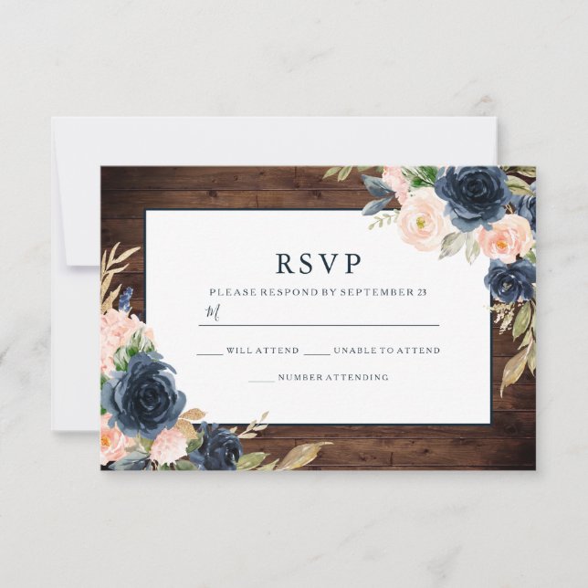 Rustic Blush Pink & Navy Elegant Spring Wedding RSVP Card (Front)