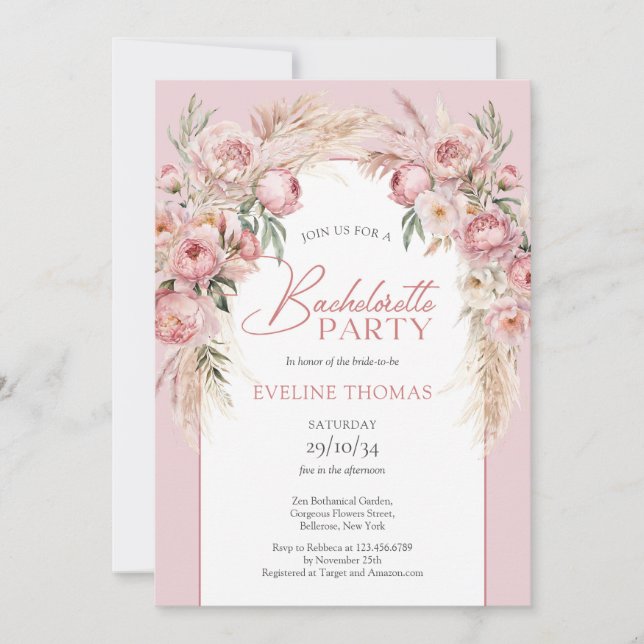 Rustic Blush pink peonies pampas boho arch Invitation (Front)