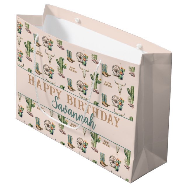 Rustic Blush Pink Personalised Desert Cactus Large Gift Bag (Front Angled)