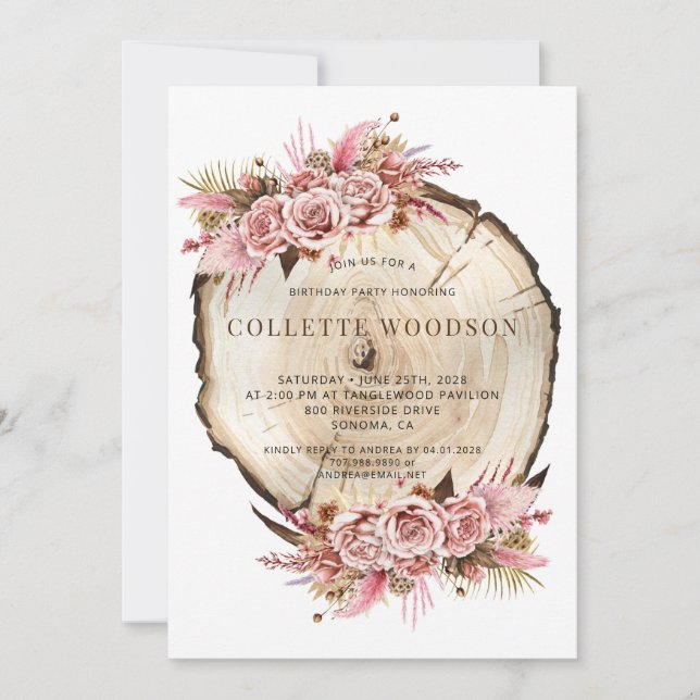  Rustic Blush Pink Rose And Wood Birthday   Invitation (Front)