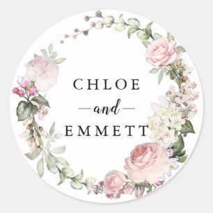 Rustic Blush Pink Rose Wreath Wedding Favour Classic Round Sticker