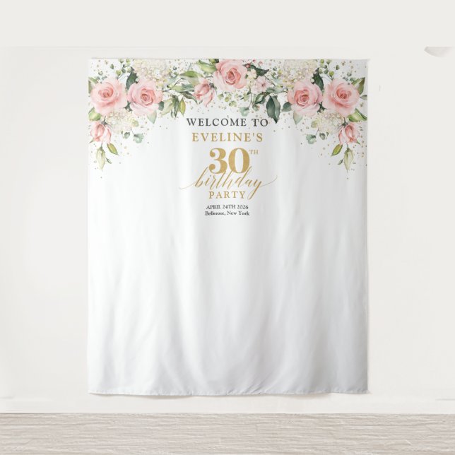 Rustic blush pink roses eucalyptus 30th birthday tapestry (Front)
