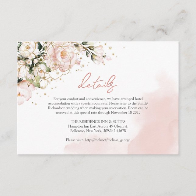 Rustic blush pink roses eucalyptus gold details enclosure card (Front)