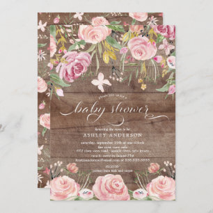 Rustic Blush Pink Watercolor Floral Baby Shower Invitation