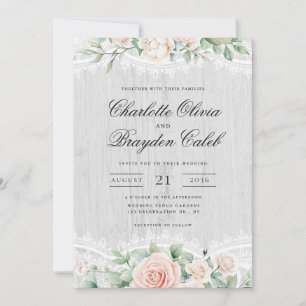 Rustic Blush Pink Watercolor Floral Lace Wedding Invitation