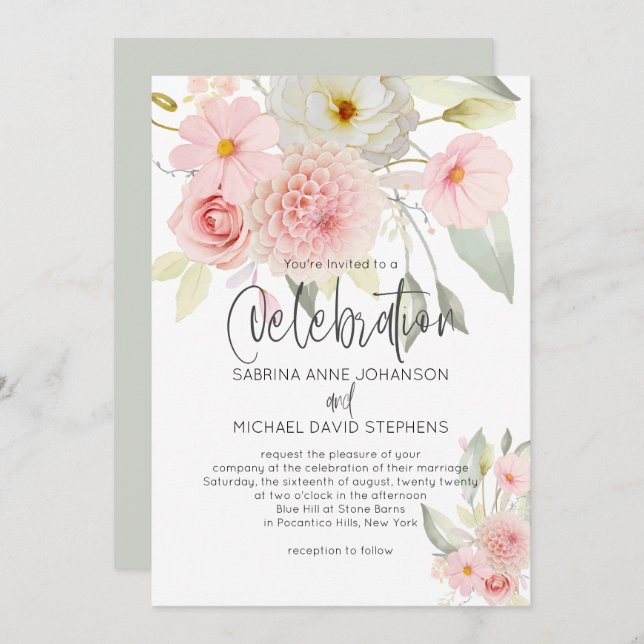 Rustic Blush Pink Watercolor Floral Wedding  Invitation (Front/Back)