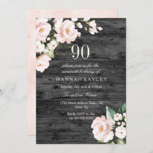 Rustic Blush Pink & White Floral 90th Birthday Invitation