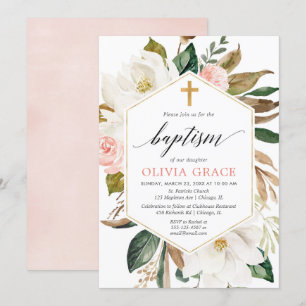 Rustic blush pink white floral girl baptism invitation