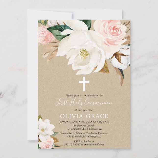 Rustic blush pink white floral girl holy communion invitation (Front)