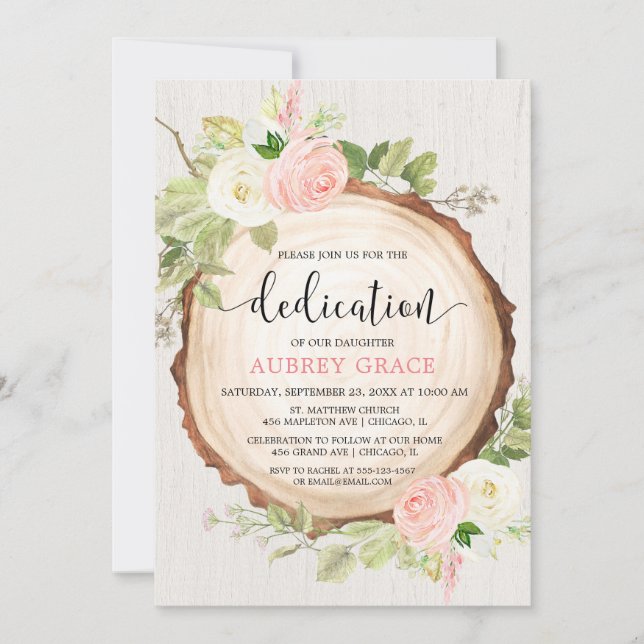 Rustic blush pink white girl woodland dedication invitation (Front)