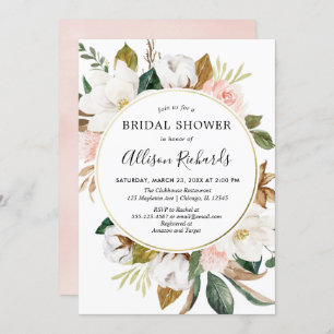 Rustic blush pink white magnolia bridal shower invitation