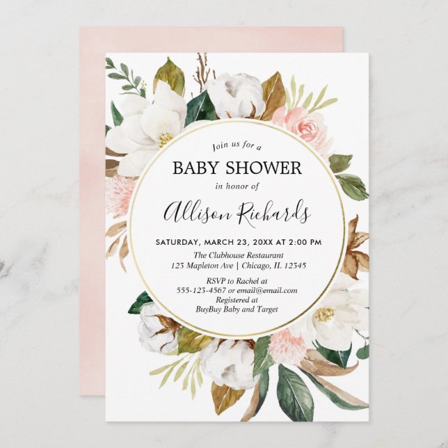 Rustic blush pink white magnolia floral girl invitation (Front/Back)