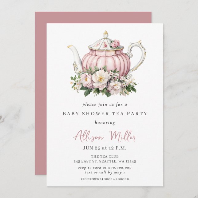 Rustic Blush Rose Gold Tea Party Baby Shower  Invitation (Front/Back)