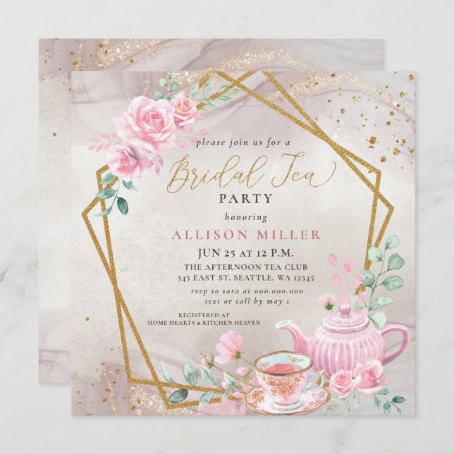 Rustic Blush Rose Gold Tea Party Bridal Shower  Invitation (Front/Back)