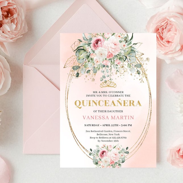 Rustic Blush Roses Eucalyptus Quinceañera Invite (Rustic Blush Roses Eucalyptus Quinceañera Invitation)