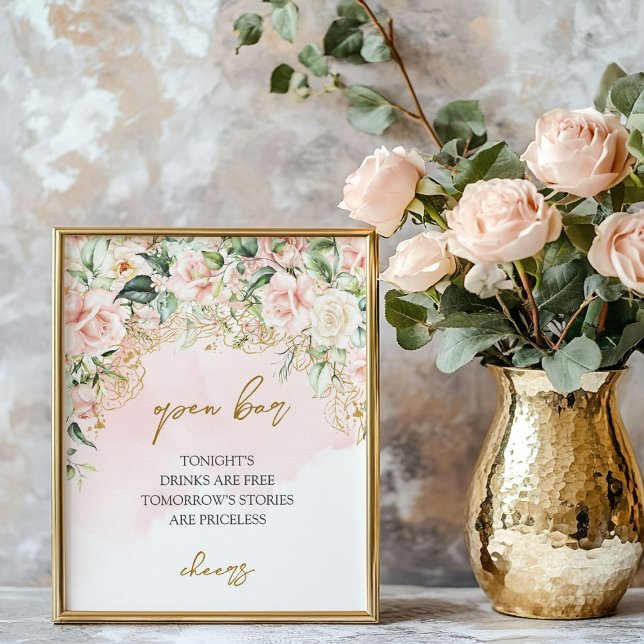 Rustic blush roses eucalyptus wedding Open bar Poster (Rustic blush roses eucalyptus wedding Open bar Poster)