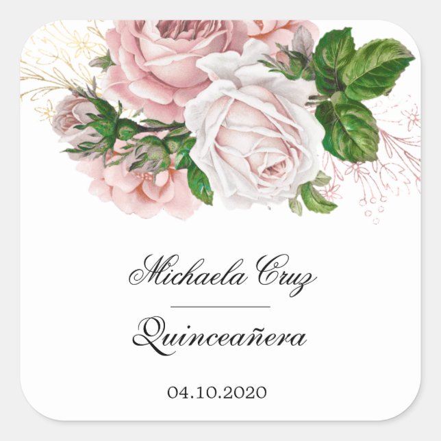 Rustic blush roses on white quinceanera square square sticker (Front)