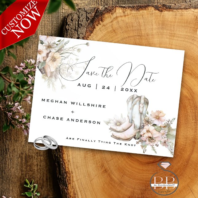 Rustic Blush Watercolor Cowboy Boots & Wildflowers Invitation (Creator Uploaded)
