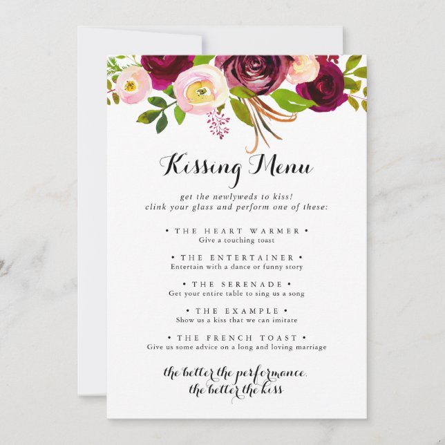 Rustic Blush Wedding Kissing Menu Game Card (Front)