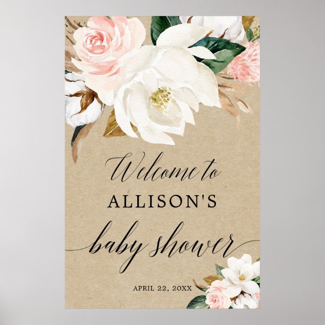Rustic blush white floral baby shower welcome sign (Front)