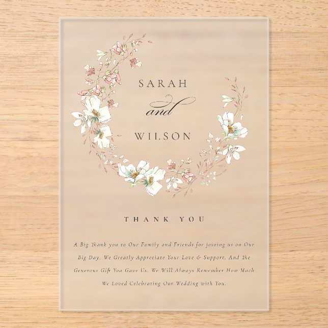 Rustic Blush White Meadow Floral Wreath Wedding Acrylic Invitations (Front)