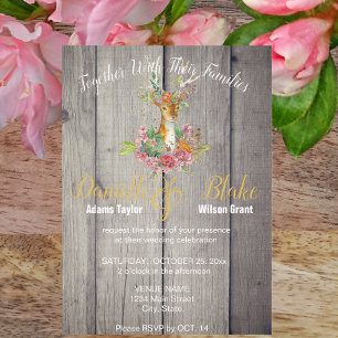Rustic Boards, Floral Deer Head Gold Foil Wedding  Invitation