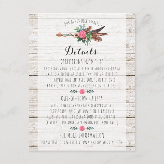 Rustic Bohemian Arrow Wedding Details / Insert (Front)