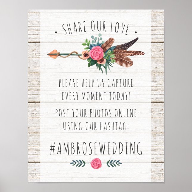 Rustic Bohemian Arrow Wedding Hashtag Photos Sign (Front)